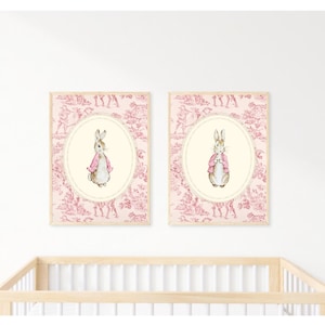 Láminas vintage de Peter Rabbit en toile rosa para habitación infantil, arte mural para niña, arte de animales para bebés, decoración floral para habitación infantil, decoración de habitación infantil de Beatrix Potter