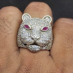 Tigerkopf-Ring aus 925er Sterlingsilber, Panther-Leoparden-Stil, Moissanit-Diamant und Rubinauge, Statement-Schmuck im viktorianischen Stil