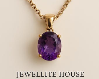 Amethyst Pendant Necklace, Natural Oval 925 Sterling Silver Gemstone Jewelry Gift For Her