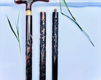 Handcrafted Cane , Wooden Hand Carved Stick , Personalized Walking Shaft , Steampunk Walking Cane With Brass Handle , Engarved Unique Cane