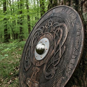 Puede incluir: Un escudo redondo de madera con intrincadas tallas de símbolos nórdicos y nudos. El escudo presenta un jefe central de metal y una detallada representación del martillo de Thor. La madera marrón oscuro contrasta con el metal plateado.