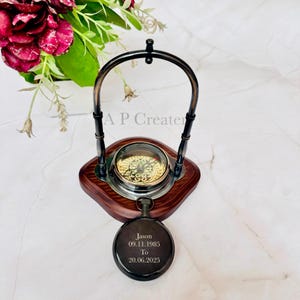 Victorian Brass Table Clock with Compass: Engraved Home Office Decor