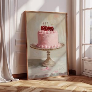 Vintage rosa Kuchen Wandkunst | Kirsch Kuchen Printable Kitchen Decor | Shabby Chic Dessert Gemälde Herunterladen