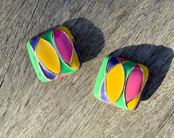 Kolczyki z klipsem w stylu vintage, grube, kwadratowe, emaliowane, duże, neonowo-geometryczne, w stylu pop-art