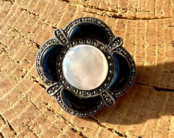 Vintage 1920s Art Deco Sterling Silver Marcasite Brooch - Mother of Pearl & Black Onyx