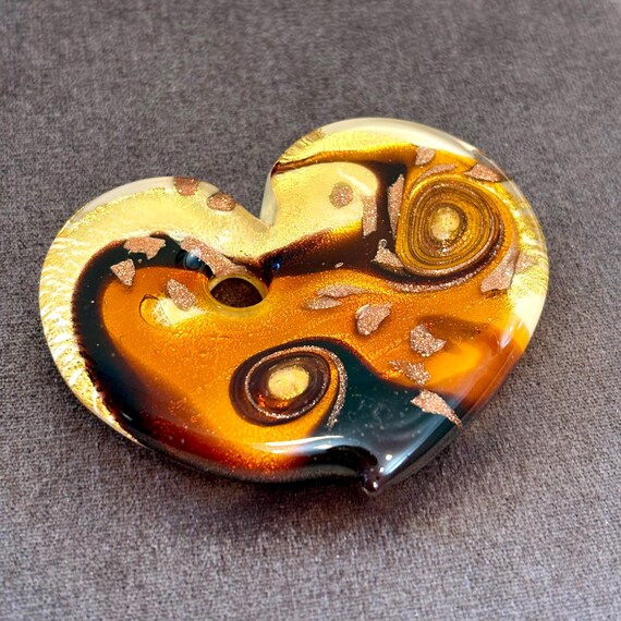 Vintage Italian Murano Glass Heart Pendant Necklace, Shimmering Amber & Gold Foil Aventurine View 5
