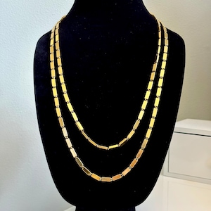Vintage Monet 58" Extra Long Gold Plated Sautoir Necklace, Geometric Bar Link Layering Chain