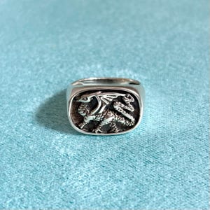 May include: A silver-toned signet ring with a detailed dragon design. The dragon is centered on a rectangular face, with wings spread and scales visible. The ring has a polished finish and a classic, masculine style.