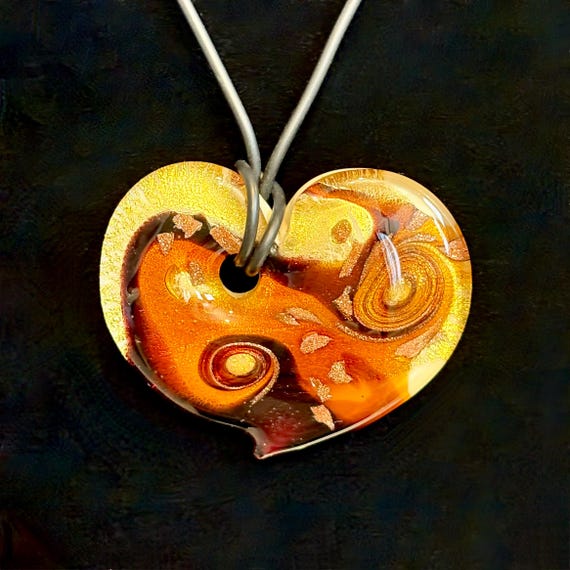 Vintage Italian Murano Glass Heart Pendant Necklace, Shimmering Amber & Gold Foil Aventurine