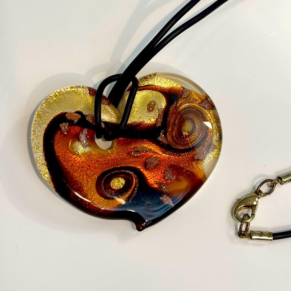 Vintage Italian Murano Glass Heart Pendant Necklace, Shimmering Amber & Gold Foil Aventurine View 6