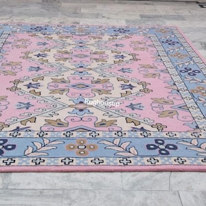 9X14 Modern Oushak Blue Pink Beige Area Rug Made to Order In Any Size Hand Knotted Modern Oushak rug/large area/pastel Rug For Living room