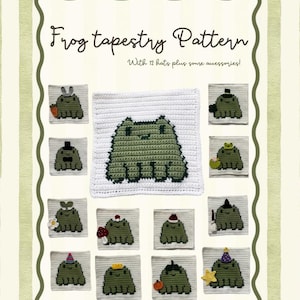 May include: A crochet frog tapestry pattern featuring text that reads Pattern testers needed!, Frog tapestry Pattern, With 12 hats plus some accessories!, and Read description to learn more!. The image displays a central green frog square surrounded by twelve smaller squares showing the frog wearing various hats and holding accessories.