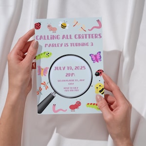 May include: A light blue invitation card with the text "CALLING ALL CRITTERS" and "MARLEY IS TURNING 3". The card features cartoon insects and a magnifying glass. The date is July 19, 2025, at 2 PM.