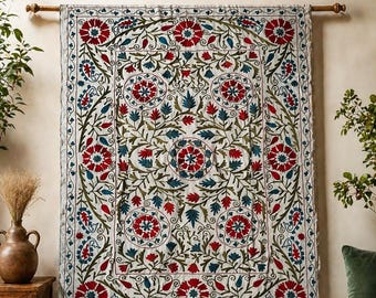 Bohemian Suzani Bed Cover, Hand Embroidered Floral Quilt, Vintage Cotton Bedspread, Uzbek Textile Home Decor (60x90 Inches, Gift for her.