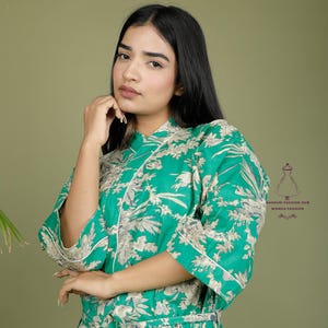 Green Leaf Print Cotton Kimono Robe - Handmade Beach Cover-Up