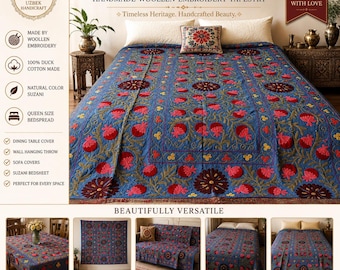 Suzani Bedspread Queen Size | Handmade Bohemian Embroidered Blanket | Vintage Style Bedding | Floral Bed Cover Decor | Gift for her.