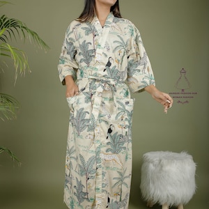 Handmade Cotton Kimono Robe: Jungle Print Long Cardigan