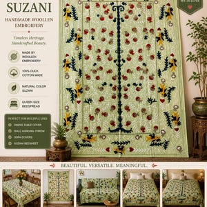 Op de afbeelding: Een lichtgroene Oezbeekse Suzani handgemaakte wollen borduursel. Het textiel heeft een centraal boomontwerp met rode, blauwe en gele bloemen- en bladmotieven. De tekst luidt "Uzbek Suzani" en "Handmade with Love."