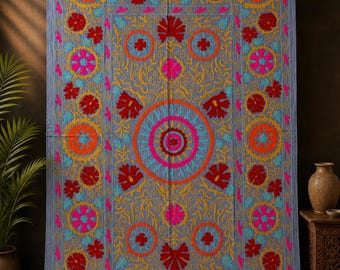Handgemaakt Oezbeeks Suzani-tapijt | Kingsize katoenen geborduurde deken (60 x 90 inch | Suzani geborduurde sprei | Wandkleden.
