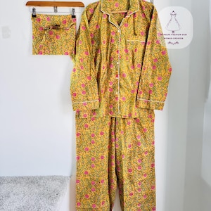 Floral Cotton Pajama Set: Long Sleeve Night Suit, Handmade in Jaipur