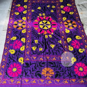 Handmade Purple Cotton Suzani Bedspread: Embroidered Wall Hanging 60x90