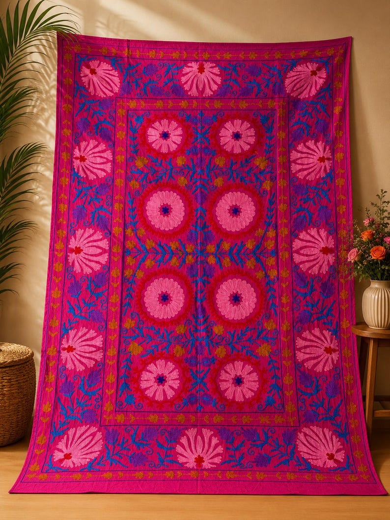Handmade woollen thread Embroidery bedsheet | Home decor suzani | Suzani throws and tapestry | Niddle work bedspread | Beautiful table cover image 1
