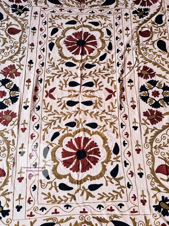 Handmade Suzani Throw | Baby Pink Dutch Cotton Embroidered Bedsheet | Wall hanging throws | Suzani cotton bedspread | Gift for her.