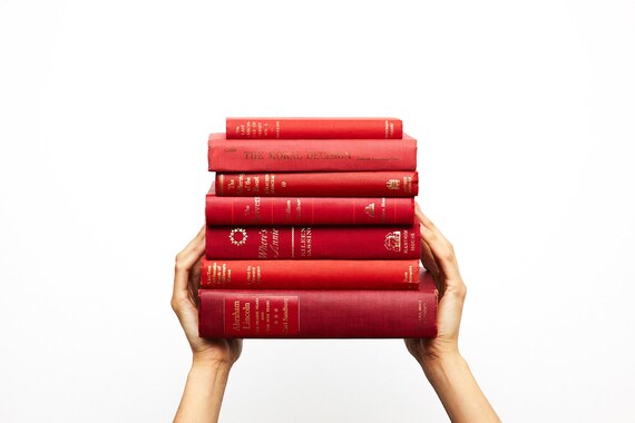 Red Decorative Book Sets For Home Staging Bookshelf Display Etsy