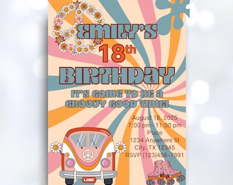 May include: A retro-themed invitation for an 18th birthday party. The design features a peace sign made of daisies, a vintage van, and roller skates. The text includes the birthday girl's name, date, time, and location.