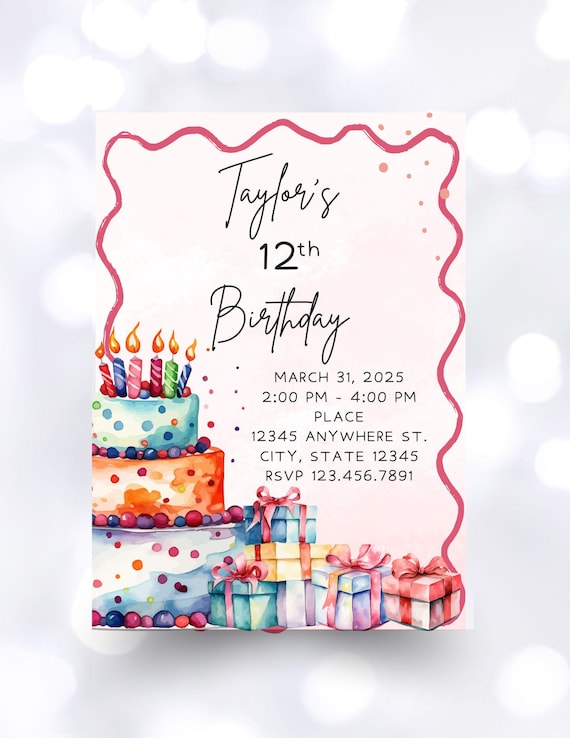 Birthday Party Watercolor Editable Custom Invitation