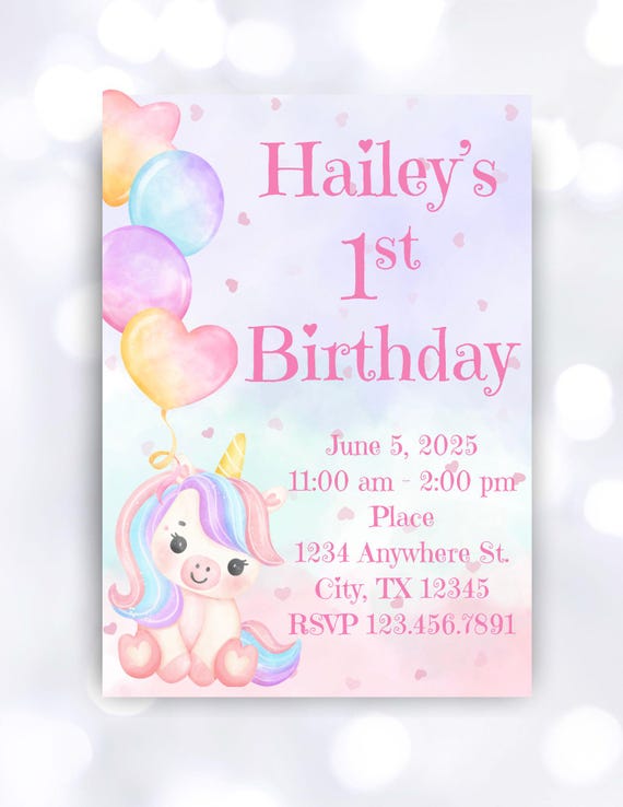 Baby Unicorn Editable Custom Invitation