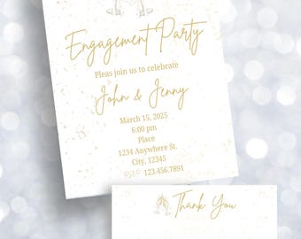 May include: Engagement party invitation and thank you card set. The invitation features gold script text and a champagne glass illustration. The thank you card has the words "Thank You" in gold script. The background is white with gold flecks.