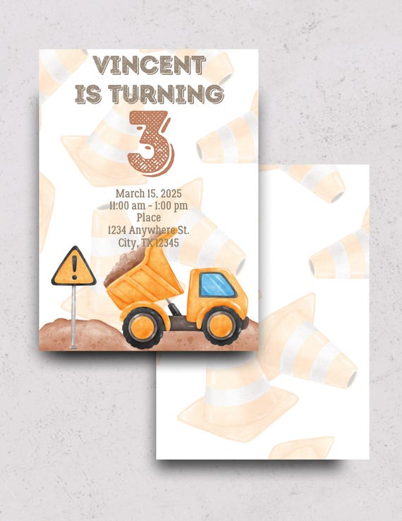 Construction & Dump Truck Editable Custom Invitation