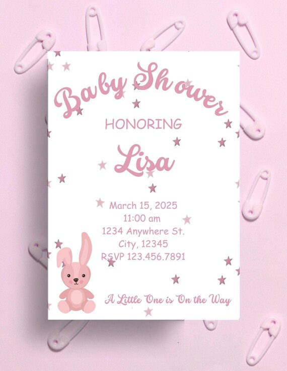 Baby Shower Pink Stars Editable Custom Invitation