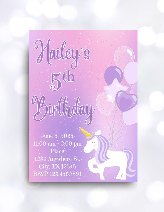 Purple Unicorn Editable Custom Invitation