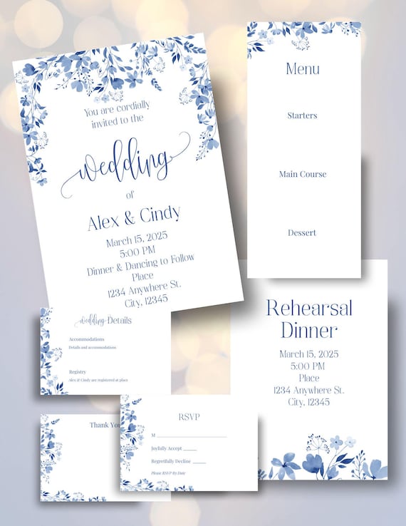 Minimalist Blue Flowers Wedding Digital Invitation