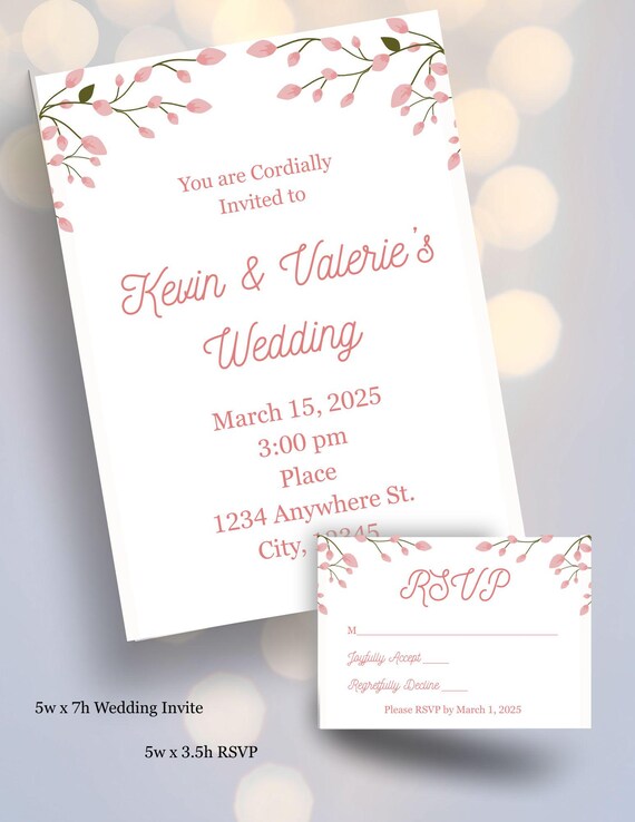 Pink Flowers Wedding Editable Custom Invitation Set