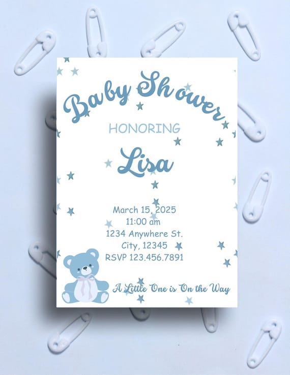 Baby Shower Blue Stars Editable Custom Invitation