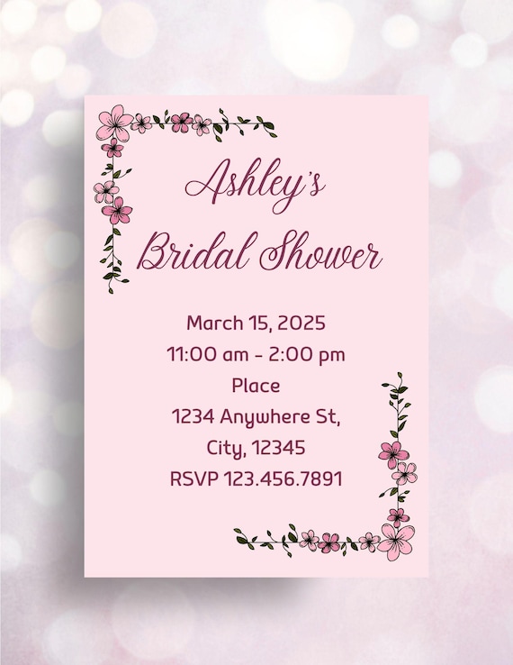Bridal Shower Pink Flowers Editable Custom Invitation