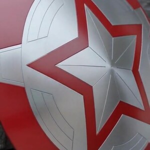 Może przedstawiać: Okrągła tarcza z żywą czerwoną podstawą i wyraźną srebrną gwiazdą pośrodku. Projekt zawiera koncentryczne srebrne pierścienie oraz geometryczne linie promieniujące od gwiazdy, tworząc warstwowy wygląd. Widoczny jest napis UK HUB.