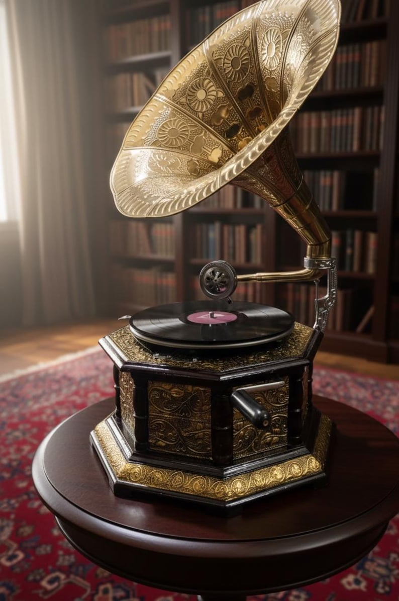 Gramophone Set Antique Style Gramophone - Ornate Brass Horn, Victorian Decor ...