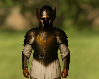 May include: A detailed image of a suit of armor. The armor is primarily dark with gold accents, including a winged design on the chest and helmet. The figure is wearing a white garment underneath. The letters "UK" are visible on the armor.