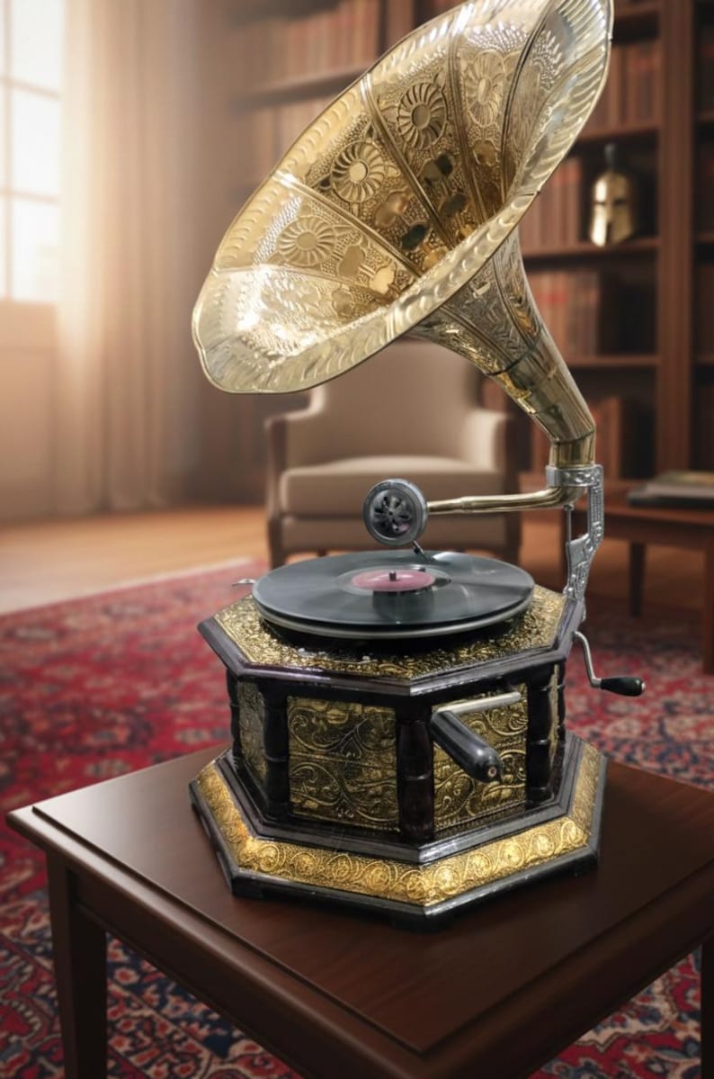 Gramophone Set Antique Style Gramophone - Ornate Brass Horn, Victorian Decor ...