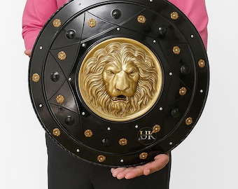 Handcrafted Steel Lion Shield: Battle-Worn LARP Armor