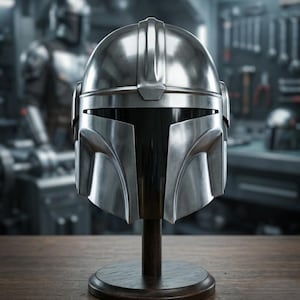 May include: A metallic silver helmet, reminiscent of a Mandalorian design, is displayed on a dark wooden stand. The helmet has a sleek, polished appearance with a visor and a prominent central ridge. The background shows a workshop setting.