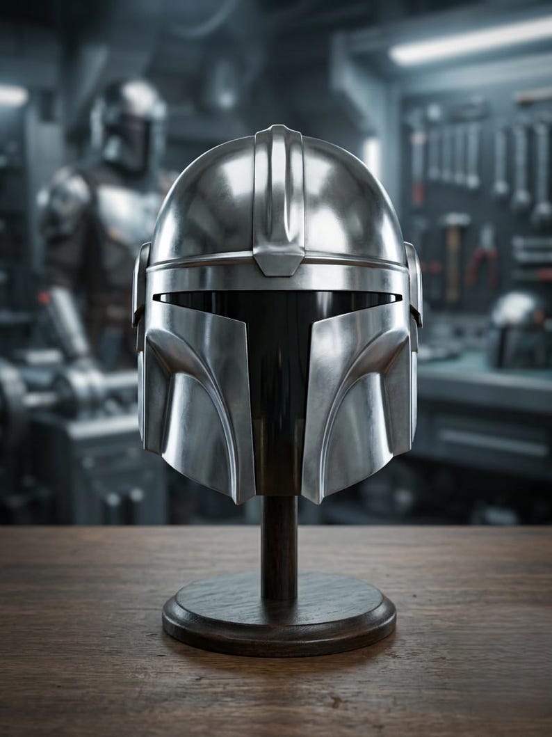 May include: A metallic silver helmet, reminiscent of a Mandalorian design, is displayed on a dark wooden stand. The helmet has a sleek, polished appearance with a visor and a prominent central ridge. The background shows a workshop setting.
