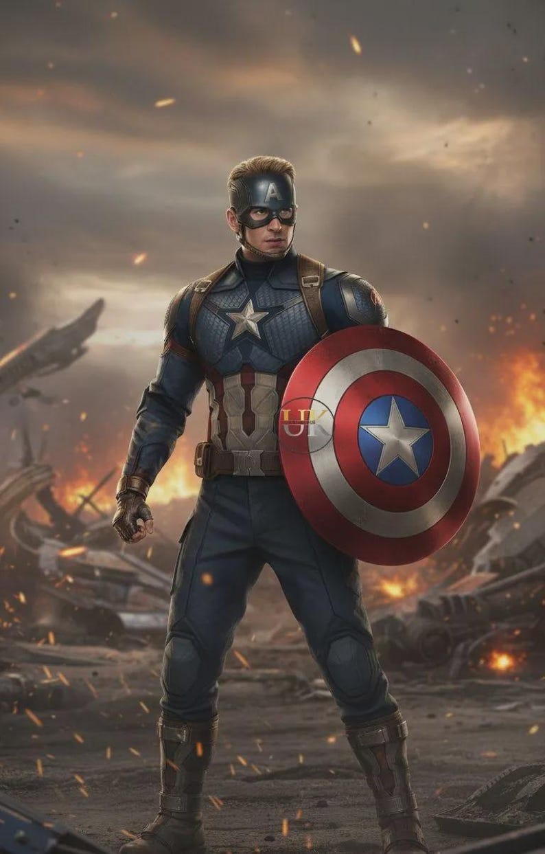 K&ouml;nnte beinhalten: Eine Figur in einem blauen taktischen Anzug mit einem silbernen Stern auf der Brust, einer dunkelblauen Kapuze mit A-Emblem und braunen Trageriemen. Die Figur h&auml;lt einen runden rot-wei&szlig;-blauen Schild mit einem zentralen wei&szlig;en Stern.