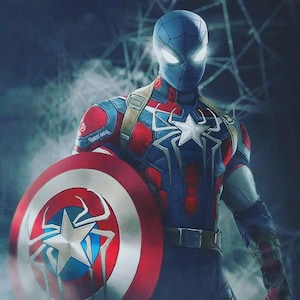 May include: Digital artwork depicting a superhero fusion of Captain America and Spider-Man. The character is clad in a blue, red, and white suit, holding a shield with a star and spider web motif. The image blends the styles of two well-known superheroes.