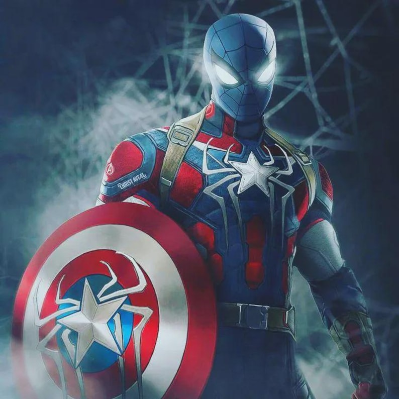 May include: Digital artwork depicting a superhero fusion of Captain America and Spider-Man. The character is clad in a blue, red, and white suit, holding a shield with a star and spider web motif. The image blends the styles of two well-known superheroes.