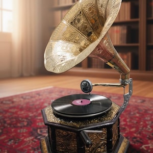 May include: A classic gramophone featuring a gold-toned horn and detailed embellishments. The record player rests on a decorative, hexagonal base with ornate gold edging. A black vinyl record is on the turntable, set against a red rug and a bookshelf.